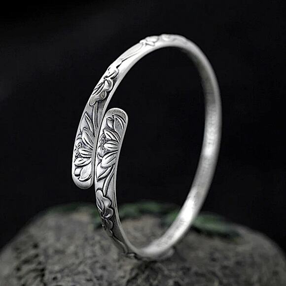 Sterling Silver Lotus Mantra Bangle Bracelet - Picture 6 of 9